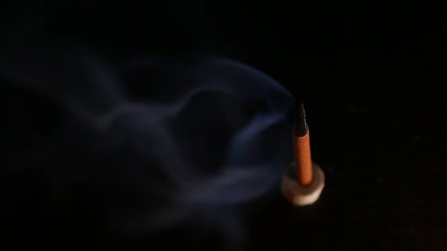 Smoldering aroma incense on dack background with natural atmosphere concept smoke. Magic calm waves from herb incense. Therapy and spa fumigation concept