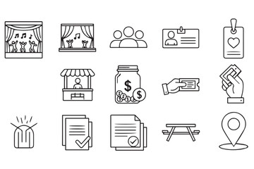 Collection of line art icons representing event management, ticketing, and audience engagement, isolated on transparent background
