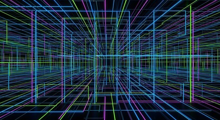 Abstract digital network grid with glowing neon lines in blue, green, and pink