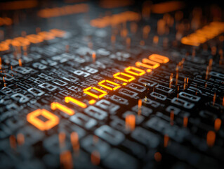Glowing orange binary code digits illuminated on a dark high-tech surface representing advanced digital data processing and computer technology concepts