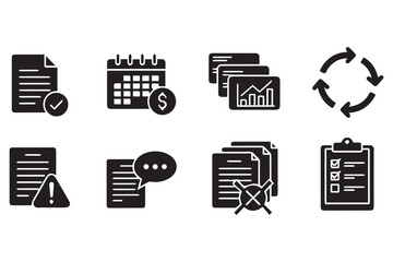 Set of solid black icons depicting business and project management tasks, isolated on transparent background