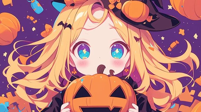 Footage of small chibi girl in Halloween costume with pumpkins and spooky accessories, bright and colorful animation, suitable for holiday greetings, kid friendly content and creative storytelling
