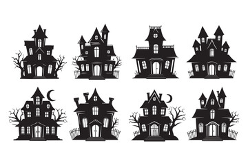 Set of spooky haunted house silhouettes for halloween, perfect for decorations and themes isolated on transparent background