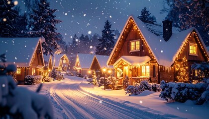 Snowy winter village at night with glowing windows and falling snow — cozy Christmas scene