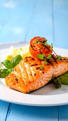 Grilled salmon with asparagus and cherry tomatoes