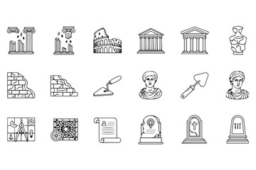 Collection of line art icons representing ancient ruins, architecture, artifacts, and historical figures, isolated on transparent background