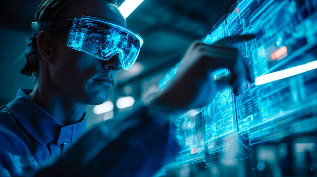 Futuristic researcher working with holographic digital interface