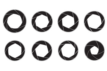 A set of eight black camera aperture icons in different stages of opening, isolated on transparent background