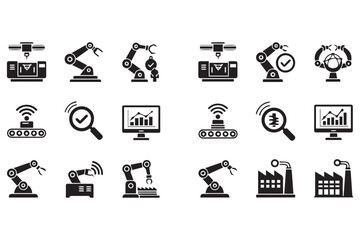 Collection of industrial automation icons including robotic arms, conveyor belts, and factory elements, isolated on transparent background