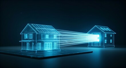 P2P energy trading market concept. A hologram shows a house with solar panels selling excess energy directly to a neighbor's house via light beams.