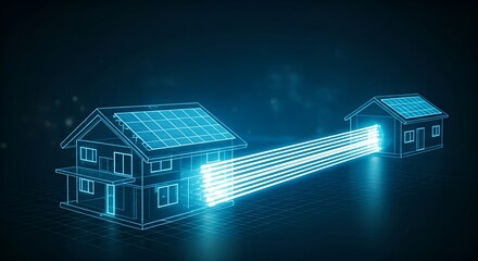 P2P energy trading market concept. A hologram shows a house with solar panels selling excess energy directly to a neighbor's house via light beams.