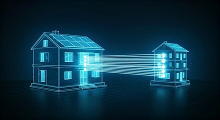 P2P energy trading market concept. A hologram shows a house with solar panels selling excess energy directly to a neighbor's house via light beams.