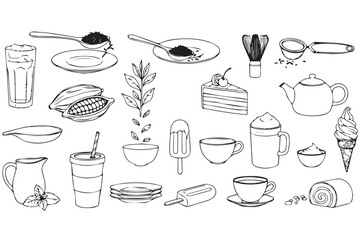 Handdrawn sketch collection of coffee and tea related items including cups, teapot, ice cream, and cocoa beans, isolated on transparent background