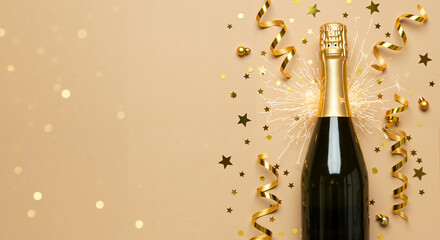 Champagne bottle with gold confetti and glitter on beige background