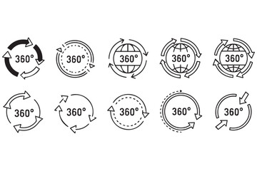 Set of 360degree rotation icons with arrows and globe elements, isolated on transparent background