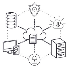 Cloud computing network with database server monitor shield and padlock in a circular arrangement