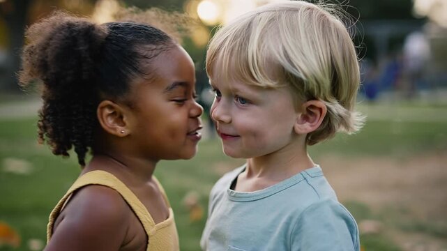 A little African American girl gives a Caucasian boy a tender kiss on the cheek in a park. Concept of friendship and integration.