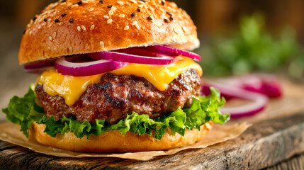Juicy grilled beef burger with melted cheddar cheese, fresh lettuce, and sliced red onions served on a sesame seed bun placed on wooden board background