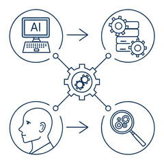 Illustration showing ai computer, database, human head, and magnifying glass connected by gears and arrows
