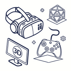 Illustration of a vr headset, game controller, 3d monitor, and geometric shape in line art style
