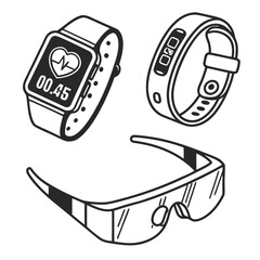 Illustration of a smartwatch with a heart rate monitor, a fitness tracker, and futuristic glasses design