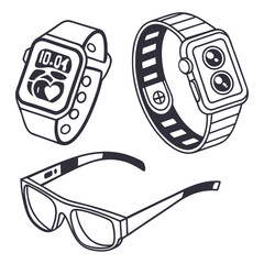 Illustration of two smart watches with different designs and a pair of augmented reality glasses
