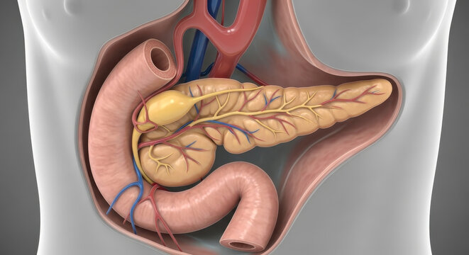 Anatomical illustration of the human pancreas with surrounding organs