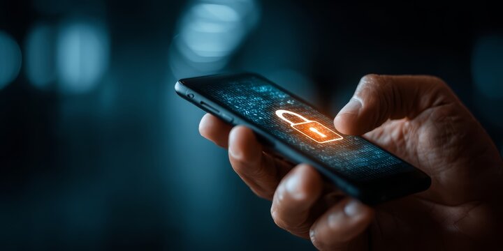 Person is holding a cell phone with a red lock icon on it. Concept of security and protection