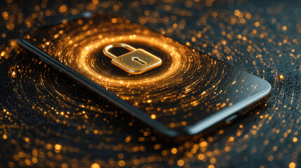 Smartphone security concept with glowing golden padlock icon surrounded by swirling digital light particles representing data protection and privacy technology