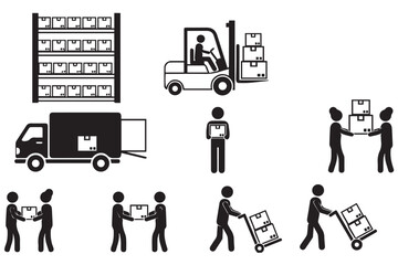Warehouse logistics and delivery icons including forklift, truck, shelves, and people moving boxes isolated on transparent background