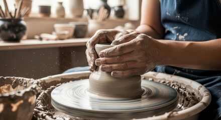 Hands shaping clay on a pottery wheel creating beautiful ceramic art