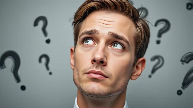 Young businessman surrounded by many dark question mark icons	