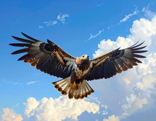 Fototapeta premium Majestic bald eagle in flight, wings wide against a blue sky, symbolizing freedom in nature and wildlife