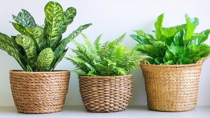 Naklejka premium Three potted plants in woven baskets against a white wall. Lush greenery, including a patterned plant, fern, and another leafy plant, create a tranquil indoor display
