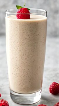 Creamy raspberry smoothie pouring in glass: delicious and nutritious refreshment
