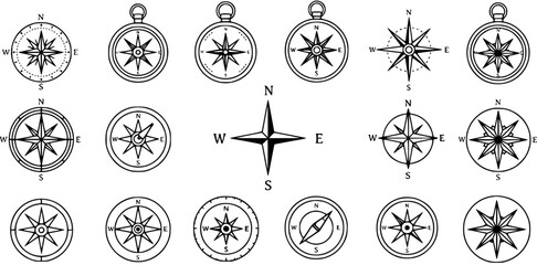 Set of diverse compass rose and navigational symbols vector illustrations. Black and white line art icons for direction, travel, exploration, and maritime design.