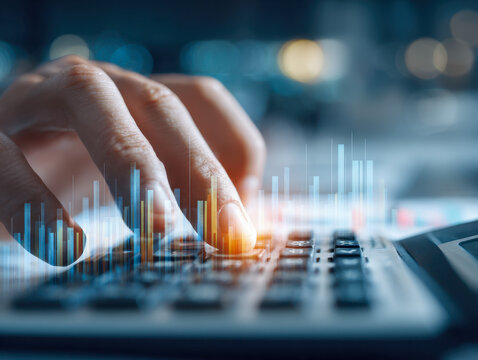 Hand pressing keys on a calculator with digital bar graphs overlay representing financial analysis and data calculation in a business environment