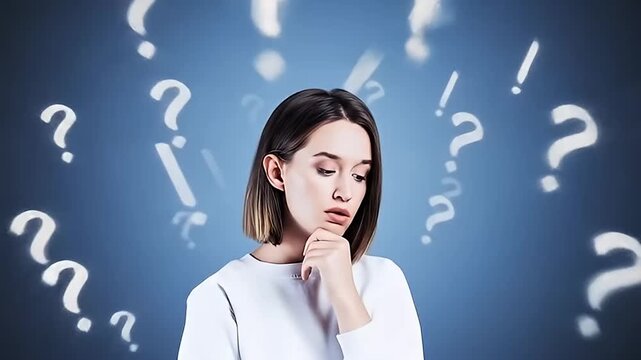 Confused woman surrounded by question and exclamation marks	