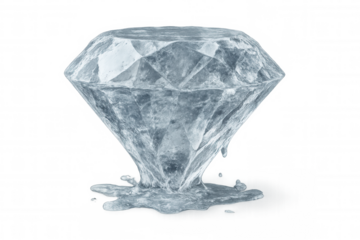 Ice diamond melting, shimmering faceted gemstone turning into water, cold crystal with transparent background