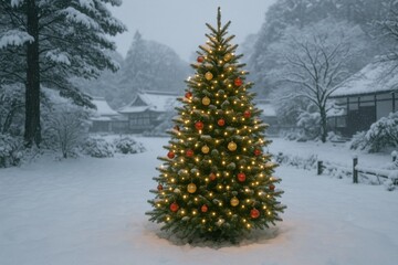 Glowing Christmas Tree Standing in a Snowy Japanese Landscape Illuminated with Winter Lights and a Peaceful Festive Mood
