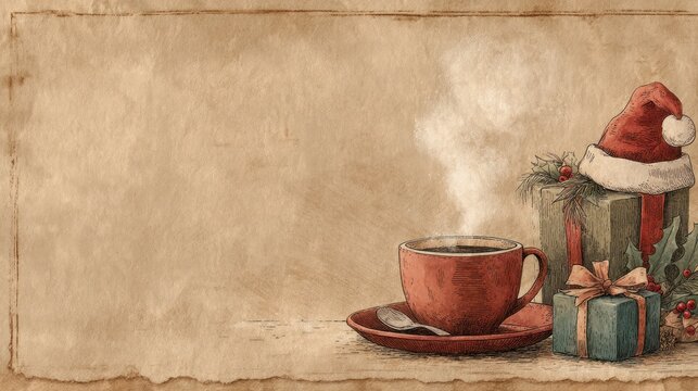 Warm Christmas coffee break with steaming hot drink, festive gifts, Santa hat, and vintage parchment paper background. Holiday season watercolor illustration.