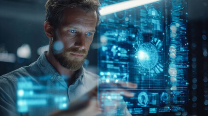 Focused man interacting with futuristic transparent digital interface surrounded by holographic data and graphics in a high-tech modern workspace environment