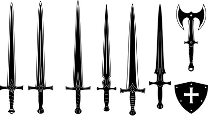 Medieval Weaponry Silhouettes Vector Collection: Fantasy Swords, Double Axe, and Crusader Shield Icons for Game and Historical Designs