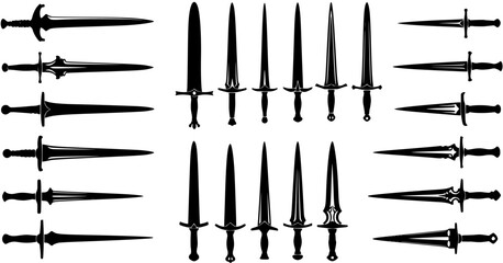 Detailed black silhouette collection of various medieval and fantasy swords and daggers with different blade and hilt designs on a white background © victoria