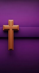 Religious Wooden Cross on Purple Background.