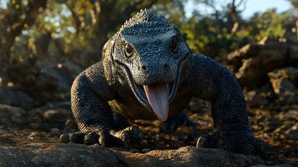 Large monitor lizard in jungle. Close-up view of reptile