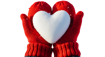 Pair of red knitted mittens holding a white heartshaped snowball, isolated on transparent background