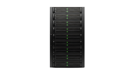 A modern black server rack with multiple storage bays and green indicator lights isolated on transparent background