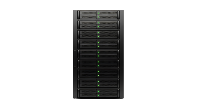 A modern black server rack with multiple storage bays and green indicator lights isolated on transparent background