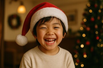 Japanese Child Wearing a Santa Hat Smiling Happily Indoors Surrounded by Warm Festive Decorations and a Cheerful Holiday Atmosphere